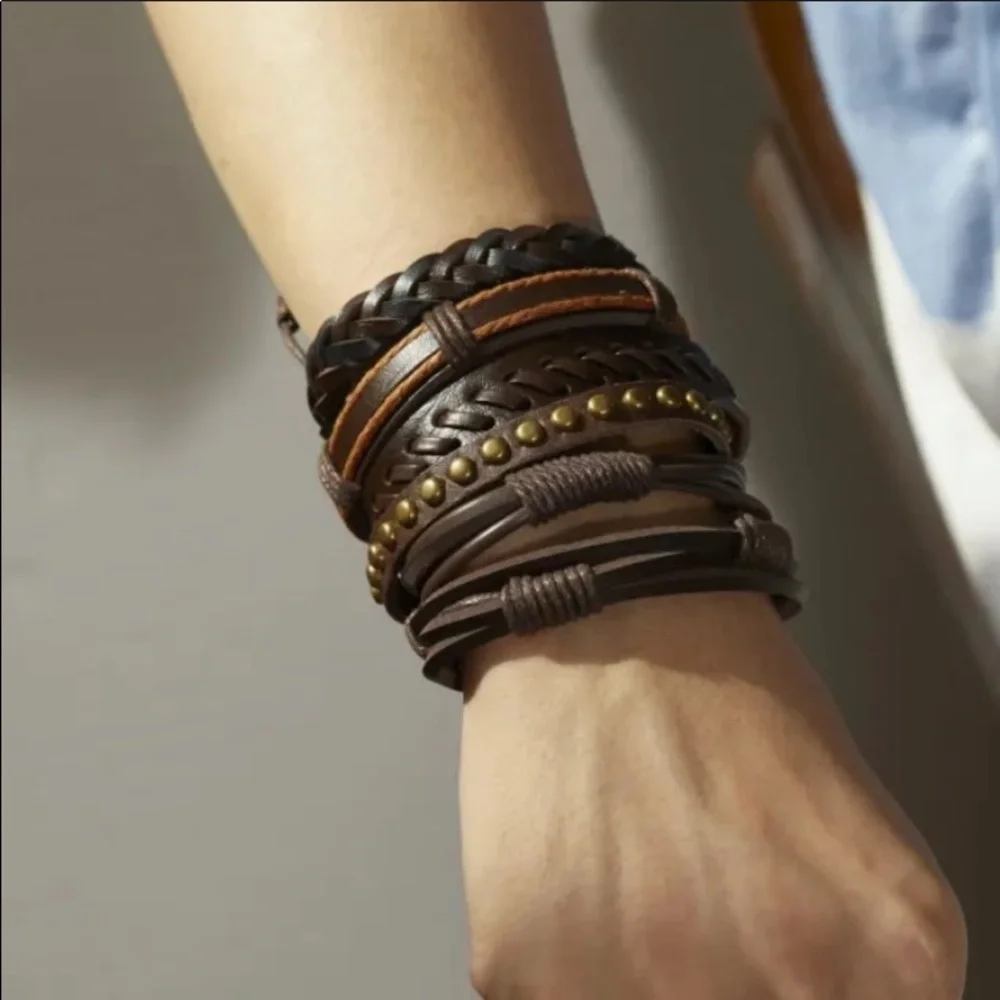 Men’s Genuine Leather Rope Bracelet Set